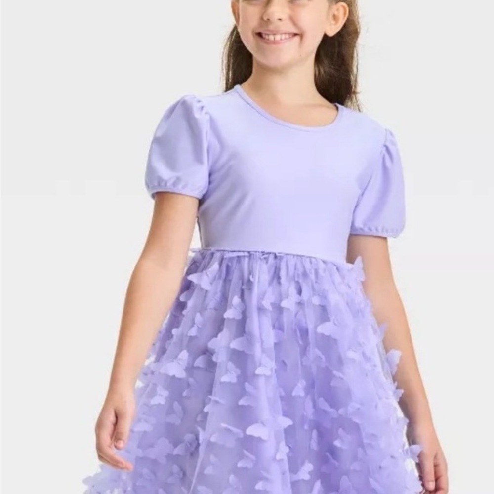 Lilac Puff-Sleeve Party Dress for Girls